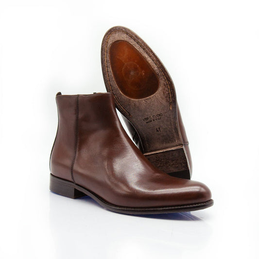 Figini - Stivaletti con cerniera e fondo cuoio in vitello anticato marrone - Figini Milano