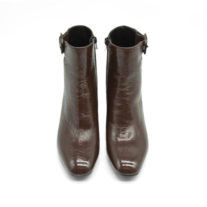 Figini - Stivaletti con fibbia e tacco 3 cm in vernice marrone - Figini Milano