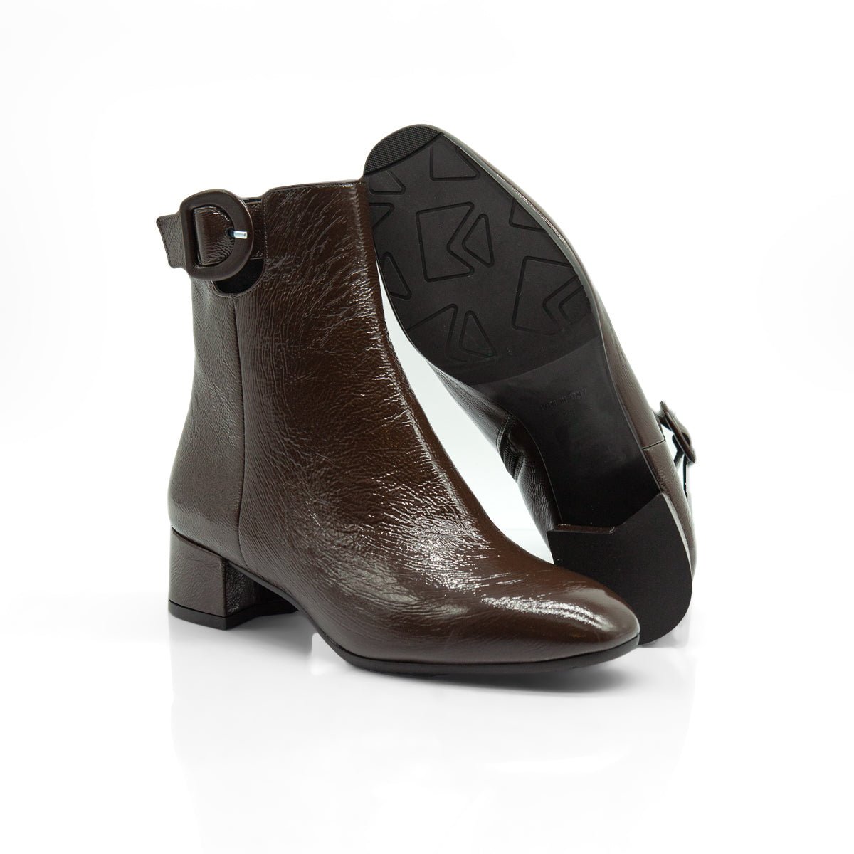 Figini - Stivaletti con fibbia e tacco 3 cm in vernice marrone - Figini Milano