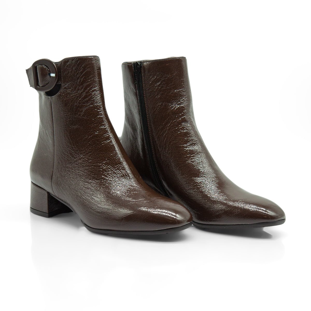 Figini - Stivaletti con fibbia e tacco 3 cm in vernice marrone - Figini Milano