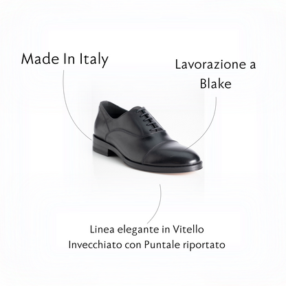 Figini- Black Calfskin Oxford Brogue with Leather sole