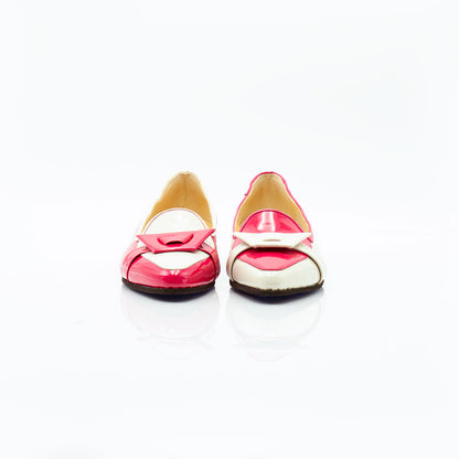 Figini - Asymmetrical loafers with buckle and 2 cm heel in beige strawberry patent leather