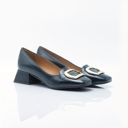 Figini - Blue square-toe Loafer with an Embossed gold buckle, 3cm heel