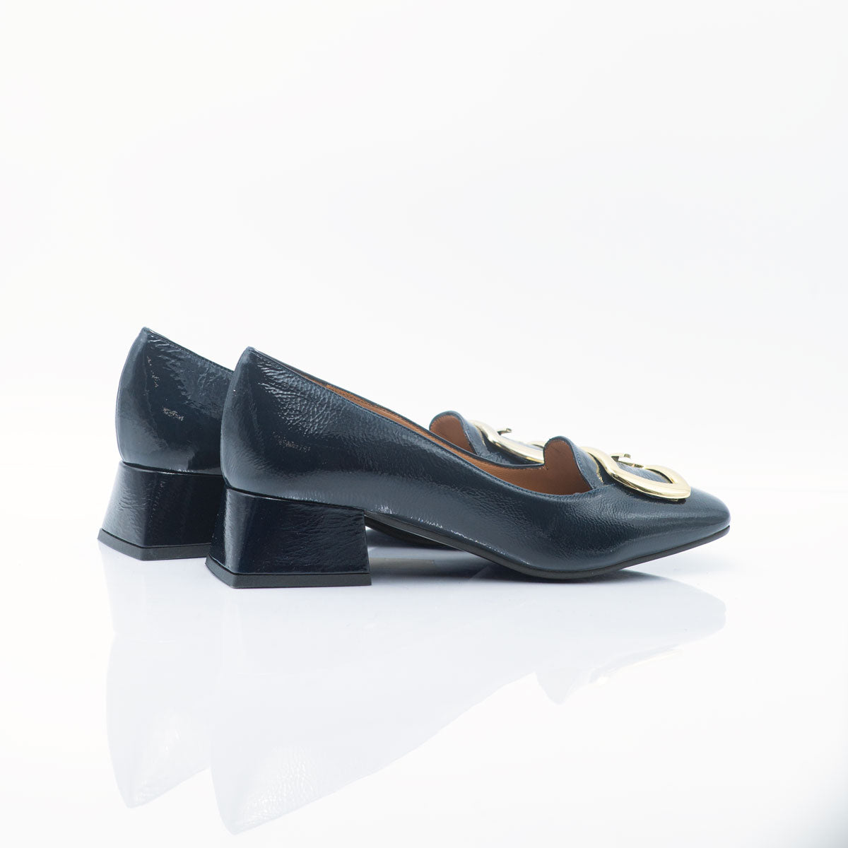 Figini - Blue square-toe Loafer with an Embossed gold buckle, 3cm heel