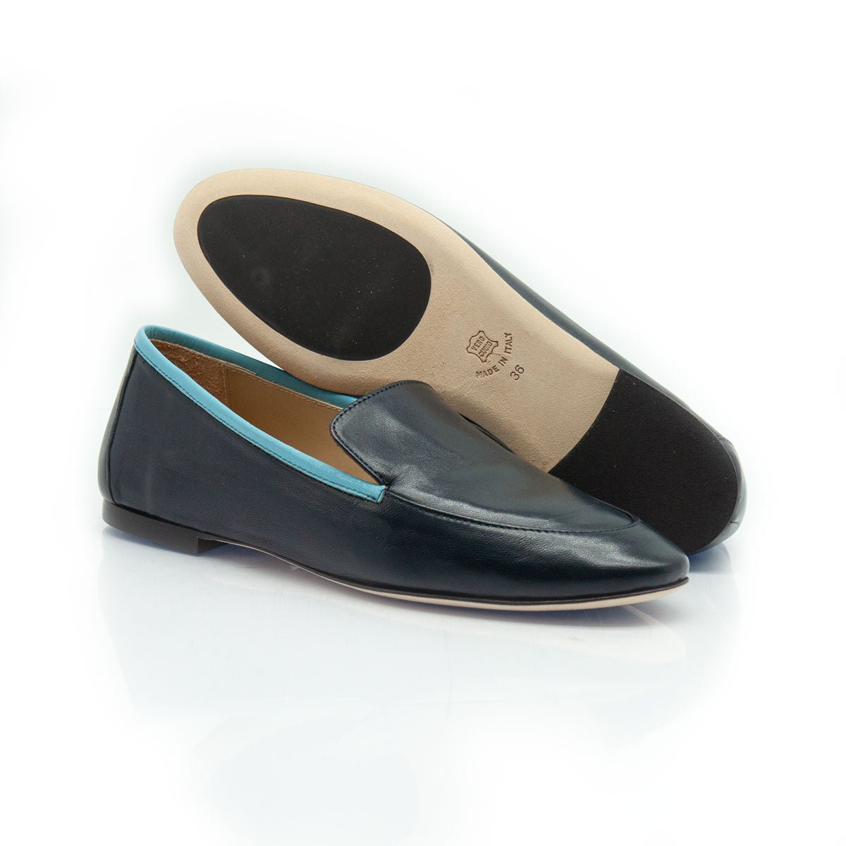 Mocassini Bicolori con Suola Cuoio in Nappa Blu e Cielo - Figini Milano