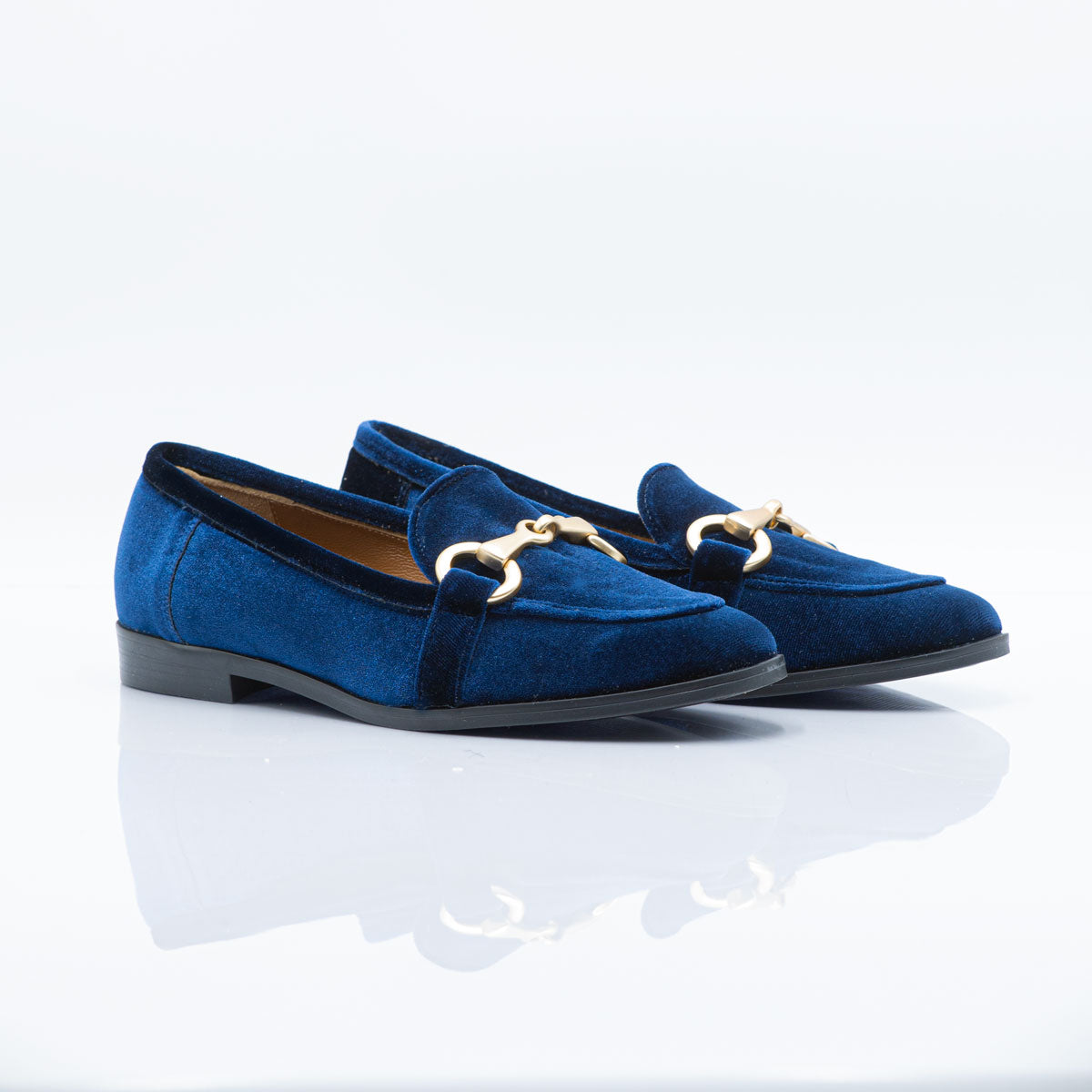 Figini- Blue Velvet Loafers with Gold Horsebit