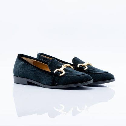 Figini- Black Velvet Loafers with Gold Horsebit Detail