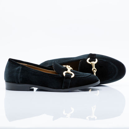 Figini- Black Velvet Loafers with Gold Horsebit Detail