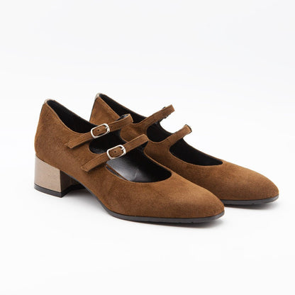 Figini - Mary Jane doppio cinturino con tacco 4 cm in Camoscio Marrone - Figini Milano
